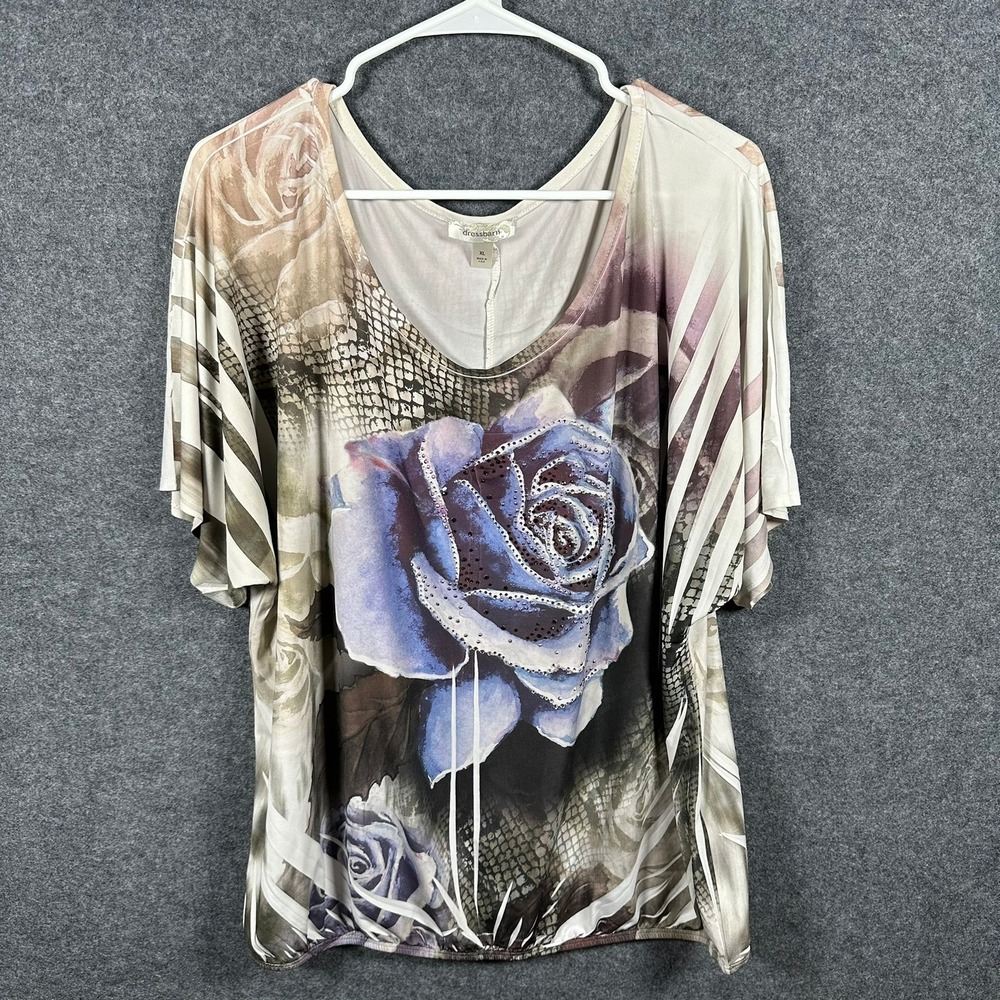 Dressbarn Womens XL Rhinestone Rose Graphic Top Dolman Sleeve Blouse
